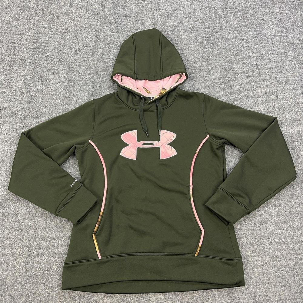 Under Armour Hoodie Womens Medium Green Fleece Pullover Pink Camo Logo 1247106